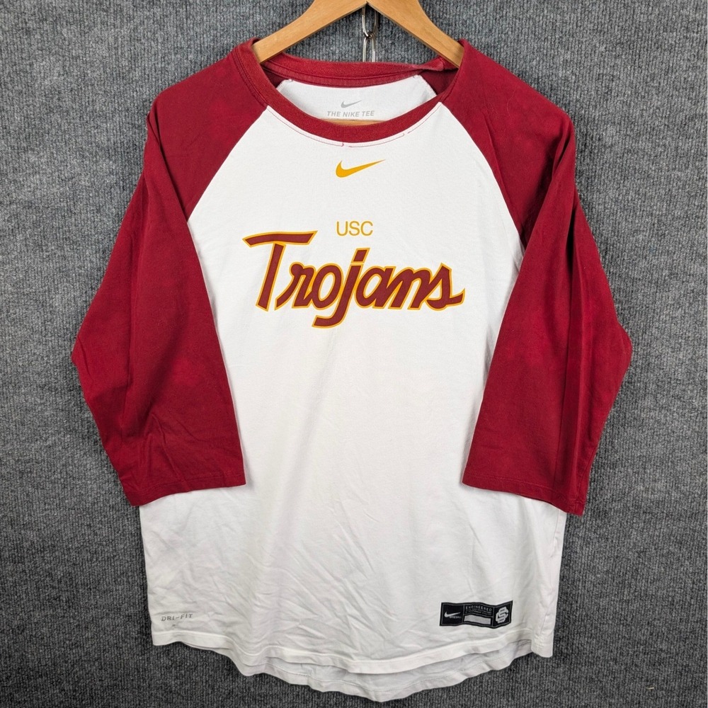 Nike USC Trojans Baseball Raglan Shirt Mens Medium White Red Dri-FIT 3/4 Sleeve